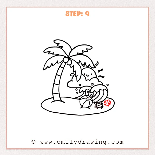 how to draw a cartoon beach - A cartoon beach scene with a palm tree, waves, beach ball, tiny crab, and a small fan-shaped seashell added on the lower-right sand.